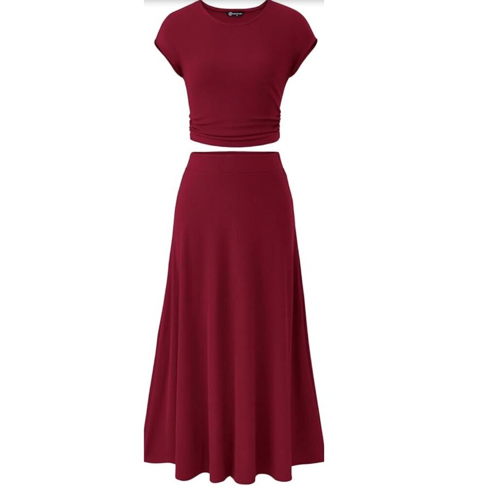 PRETTYGARDEN Red Crewneck Casual Knit Top & Midi Skirt Set 2pc Size XL - Picture 2 of 11